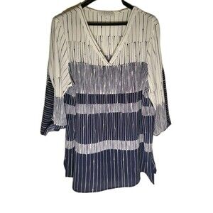 Chaus New York Blouse Top Shirt V Neck 3/4 Sleeve Roll Tab  Blue/White Large L